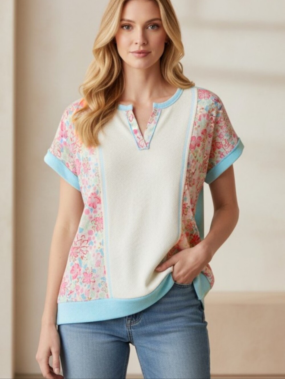 New Heimish Mint Floral Accent Top